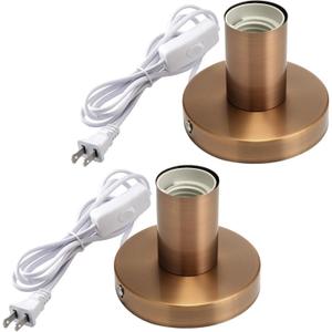 Tuanse 2 Pcs Polished Metal Desktop Lamp Base E26 E27 Screw Light Bulb Holder Sockets Night Light Base Lamp Replacement for Holding Bulb 6 Feet Cord on Off Switch Plug (Copper,Aluminum)