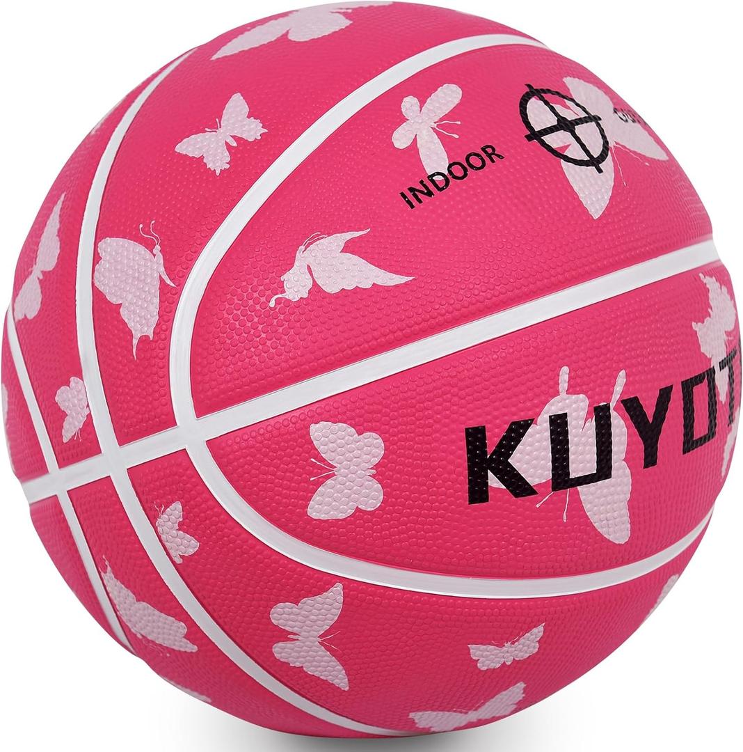 KUYOTQ Kids Youth Adult Size 3/4/5/6/7 (22/25.5/27.5/28.5/29.5") Basketball Premium Rubber or Faux Leather Basketball Indoor Outdoor Basketball for Boys Girls Womens Mens Basketball Gifts (Deflated) (Pink Butterfly)