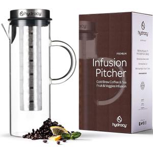 Cold Brew Coffee Maker - Large Glass Infusion Pitcher 1.6 Quarts 52oz - Iced Coffee & Iced Tea Pitcher with Stainless Steel Lid & Fruit Infusion Tube - Perfect for Home or Office