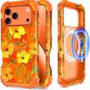 Hekodonk for iPhone 17 Pro Max Case Magnetic,[Compatible with MagSafe] Floral Three Layer Heavy Duty Drop Shockproof Full Protective Women Girls Case for Apple iPhone 17 Pro Max 6.9 inch,Orange/Yellow