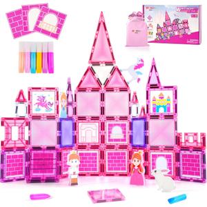 Magnetic Tiles for Kids 4-8, 3 5 Year Old Girl Gifts - Princess Castle Pretend Play Toys with DIY Painting Set and Stickers, STEM Learning Magnet Building Blocks Birthday for Girls Boy
