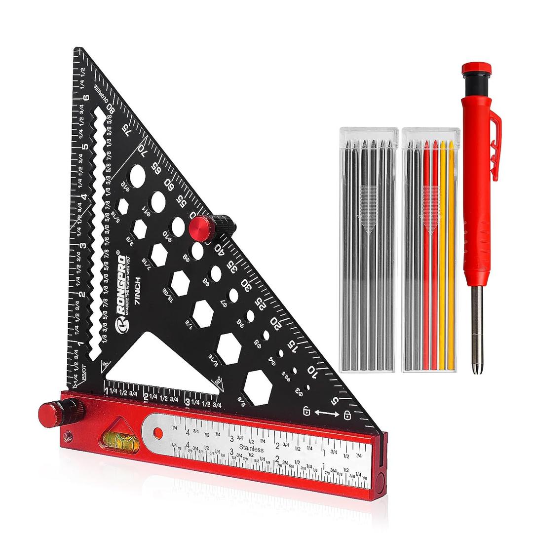 8 in 1 Rafter Square with Carpenter Pencil, Multi-Purpose Carpenter Square Tools: Square, Protractor, Steel Ruler, MarkingGauge, T-Bevel Gauge, Bubble Level (Black)