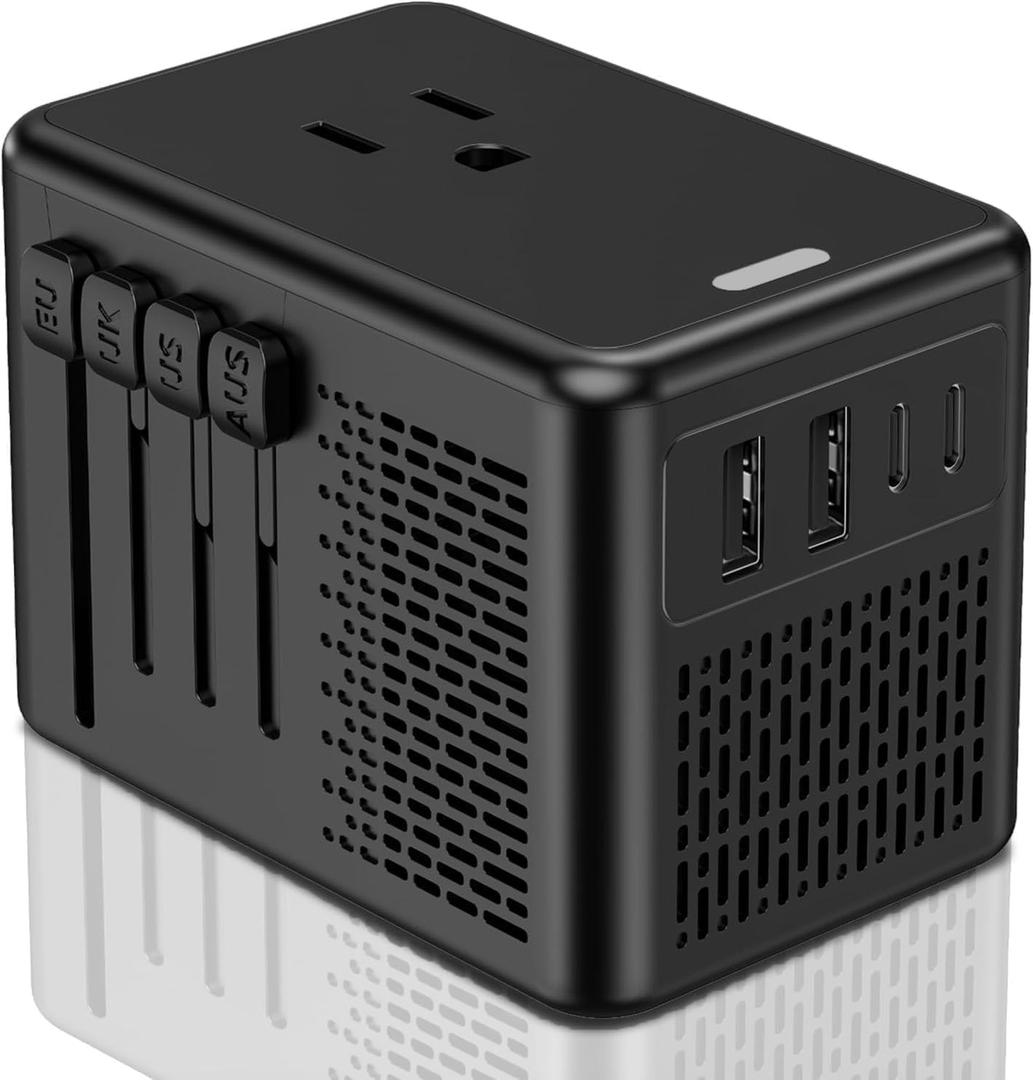 220V to 110V Voltage Converter US to Europe for Hair Dryer with Fast Charging 2 USB A 2 USB C, Power Converter Adapter Combo International Universal Travel Converter Adapter (Black)