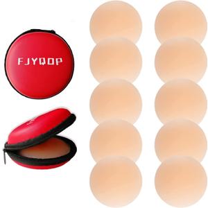 FJYQOP Silicone Nipple Covers - 5 Pairs, Women's Reusable Adhesive Silicone Pasties Nippleless Covers Round (Beige)