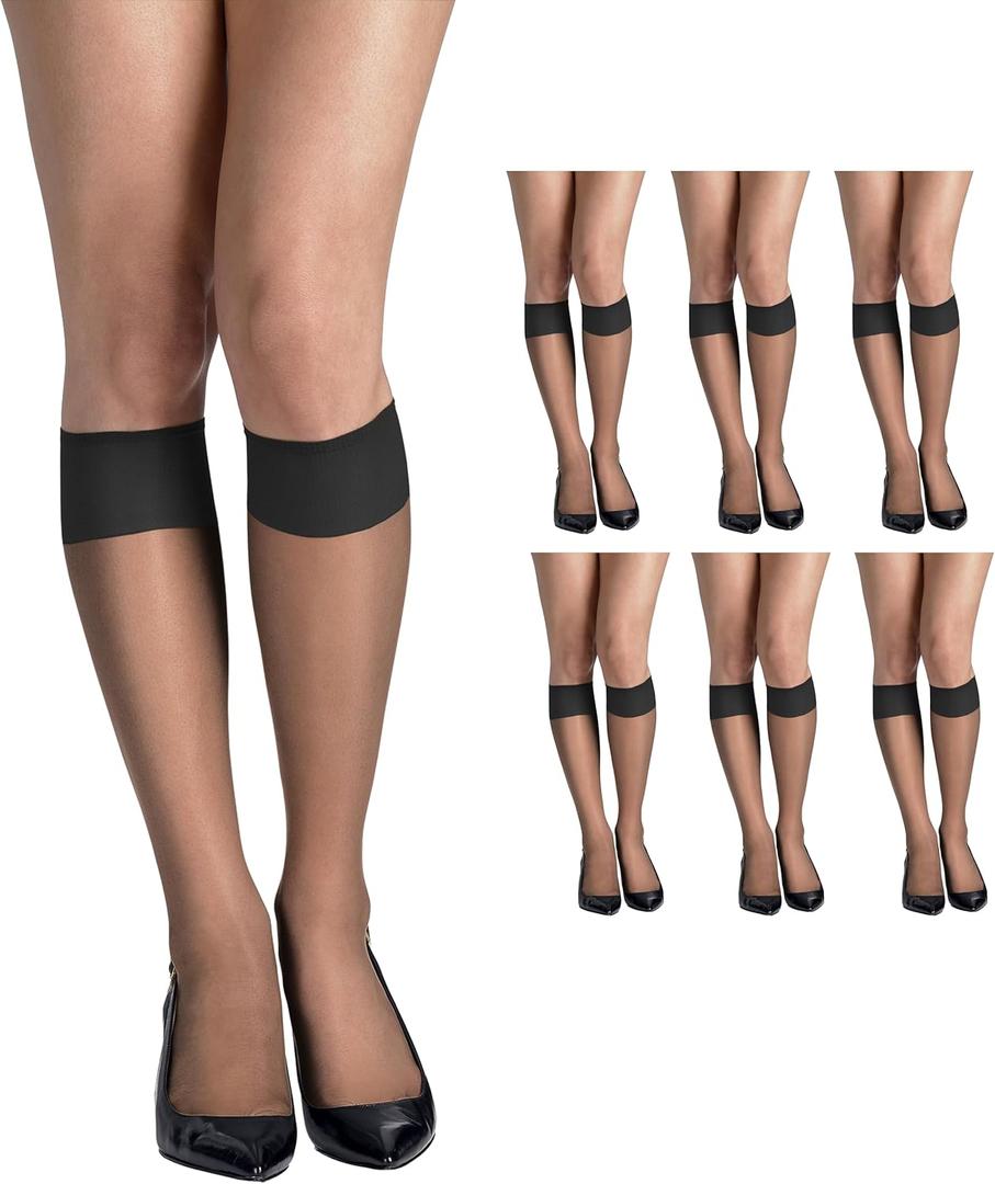 Hanes Silk Reflections Women's Silky Sheer Reinforced Toe Knee-High Stockings (Barely Black (Pack of 6))