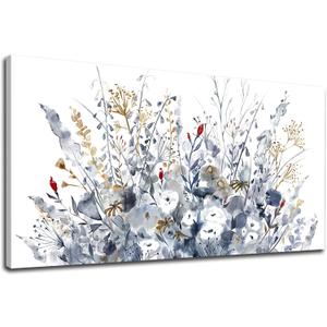 Flowers Canvas Wall Art for Living Room Wall Decor Indigo Floral Canvas Painting Watercolor Plants Pictures Vintage Botanical Flower Canvas Artwork for Bedroom Office Home Wall Decorations 20" X 40"