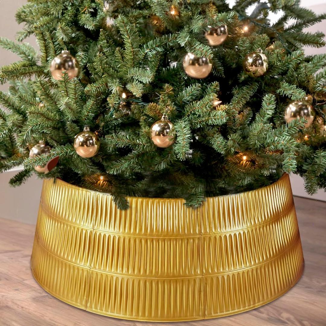 ALKB 28.4" Gold Christmas Tree Collar  9-Panel Snap-On Plastic Tree Skirt Replacement, Holiday Base Cover for 5-8 ft Artificial or Real Trees