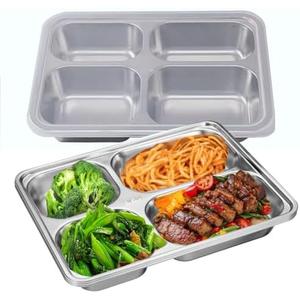 2Pack Stainless Steel Divided Plates Tray with Lids - 4 Section,Picnic Plates Non Toxic Serving Platter, Dinner Snack, Camping Dishes Picky Eaters and Portion Control (Silver)