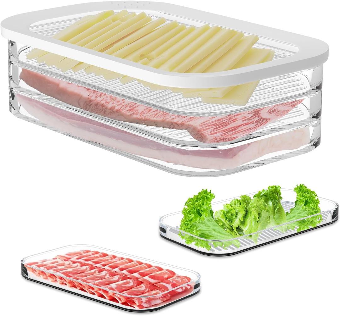 Deli Meat Container for Fridge with Airtight Lid, 3-Layer Lunch Meat Container for Fridge, Transparent Stackable Cold Cuts Storage Containers for Meats Cold Cuts Cheese, BPA Free, 18.6oz, 1Pack