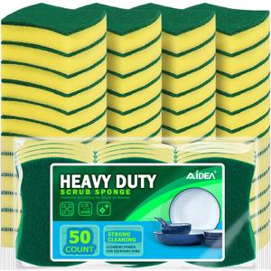 AIDEA Sponges Kitchen, 50 Pack Heavy Duty Dish Sponge, Cleaning Dish Scrubber Sponge for Home and Kitchen, Stink-Free Cleaning Supplies for Pots, Pans