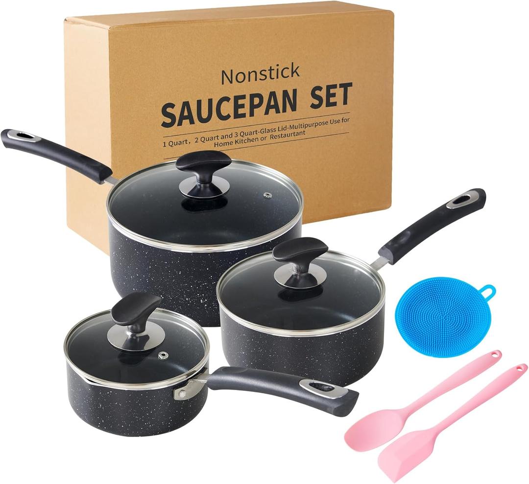 Nonstick Saucepan with Lid, Non Stick 1Qt & 2Qt & 3Qt Sauce Pan Set with Silicone Handle,Small Milk Pot with Glass Lid for Home Kitchen (Black)