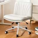 Marsail Armless-Office Desk Chair with Wheels: PU Leather Cross Legged Wide Chair,Comfortable Adjustable Swivel Task Chairs for Home,Office,Make Up,Small Space,Bed Room(Balanced Beige)