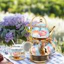 Zhehao Porcelain Tea Set with Metal Holder and Spoon Adult Ceramic Tea Set European Flower Painting Teapot Cup Saucer Spoon for Women Mom Gift, Large Version(Simplicity Style,20 Pcs)