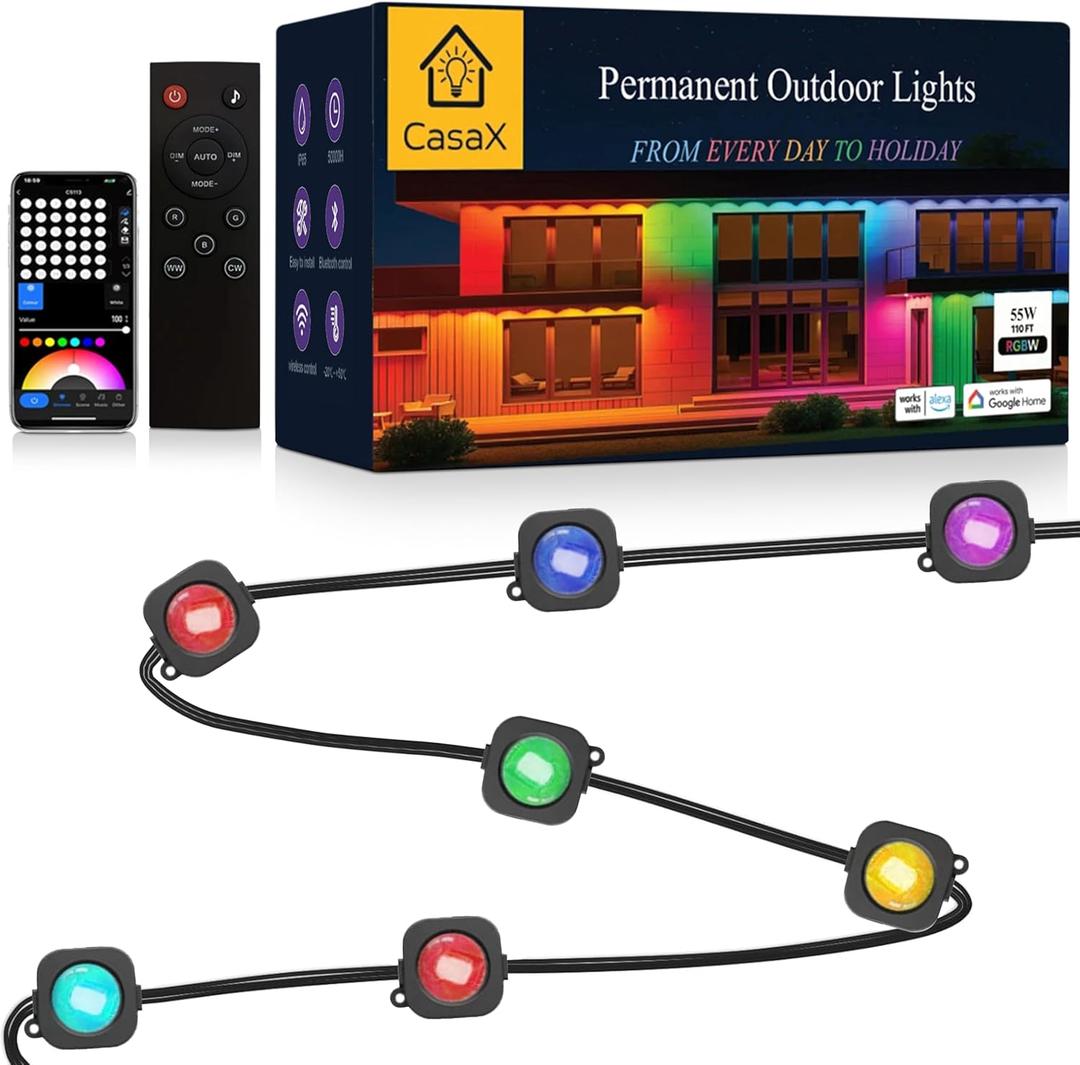 CasaX Permanent Outdoor Lights for House, 110Ft Outdoor String Lights LED, IP67 Waterproof 55W RGBW,111 Scene Modes, Halloween, Christmas Decoration Compatible with Alexa, Google Assistant