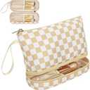 Ethereal Small Makeup Bag, khaki Checkered 2 Layers Travel Cosmetic Bag with Makeup Brush Holder, Portable Makeup Pouch for Women/Girls
