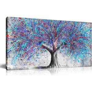 GUGIKA Tree Wall Art for Living Room, Blue Watercolor Canvas Wall Decor for Bedroom, Banksy Graffiti Print Painting Picture Decoration, Size 40x20 Inches (40L" x 20W")