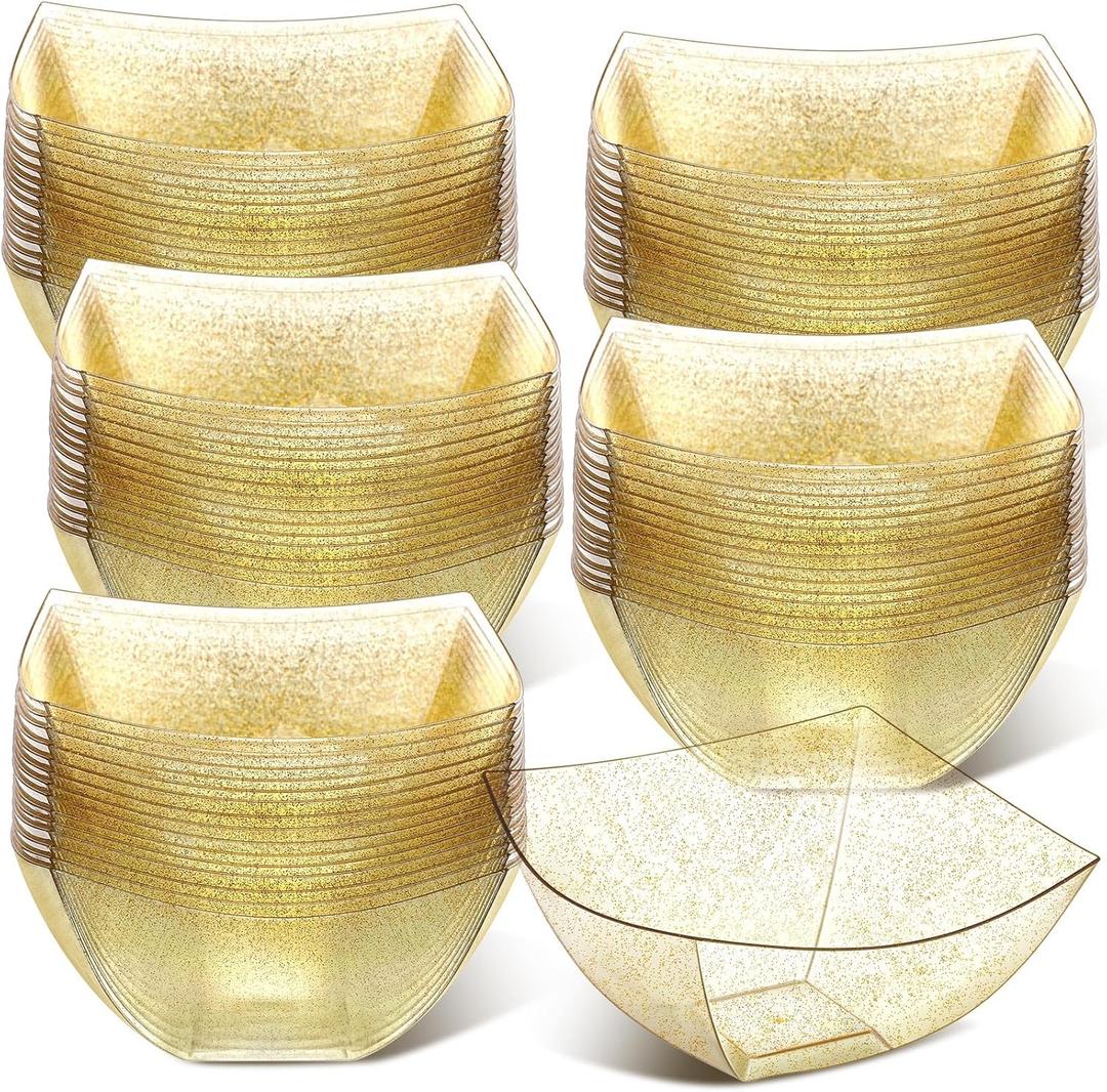 Tanlade 50 Pcs Gold Square Plastic Serving Bowls 8 oz Disposable Snack Salad Bowl Small Party Candy Bar Containers Taco Bar Serving Dishes for Buffet Chips Fruit
