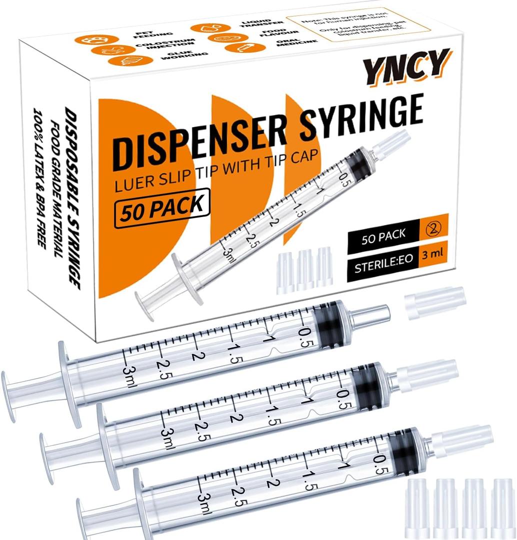 3ml Syringes with Cap, Luer Slip Tip, Whole Pack Bulk Sterile Sealed, No Needle, 50 Pack