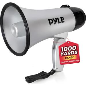 Pyle Portable Megaphone Speaker Siren Bullhorn - Compact, Battery Operated, 20W Power, Microphone, 2 Modes, PA Sound, 1000 Yards Range, Foldable Handle for Cheerleading and Police Use (Silver)