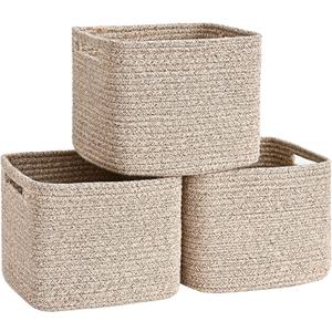 3 Pack Cube Storage Bin, 9x9x7 Cotton Rope Woven Baskets for Organizing Toys Clothes Towels, Square Gift Storage Baskets for Shelves, Nursery, Closet, Bathroom, Pantry (Jute)