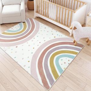 STARUIA Boho Rainbow Rug for Girls Bedroom, Large Area Rug 5x7 Washable Kids Rugs for Playroom Tent Castle, Non-Slip Soft Play Mat Carpet Nursery Rugs for Kid Room Classroom Dorm (Morandi)