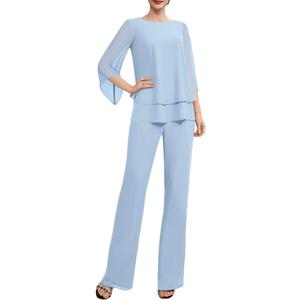 Zongqiven Womens Dressy Pant Suit Wedding Evening Outfits 2 Piece Chiffon Formal Pantsuits Light Blue, Size L