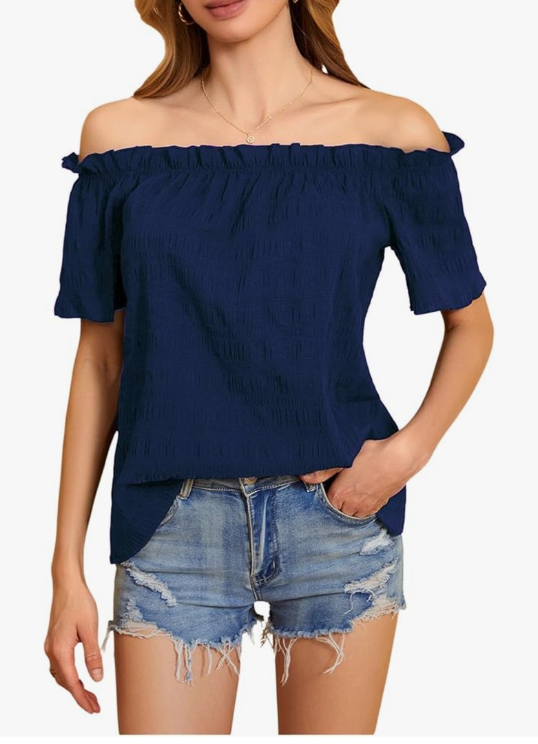 MakeMeChic Women's Off Shoulder Tops Short Sleeve Dressy Casual Spring Summer Blouses Top 2025, Size -L