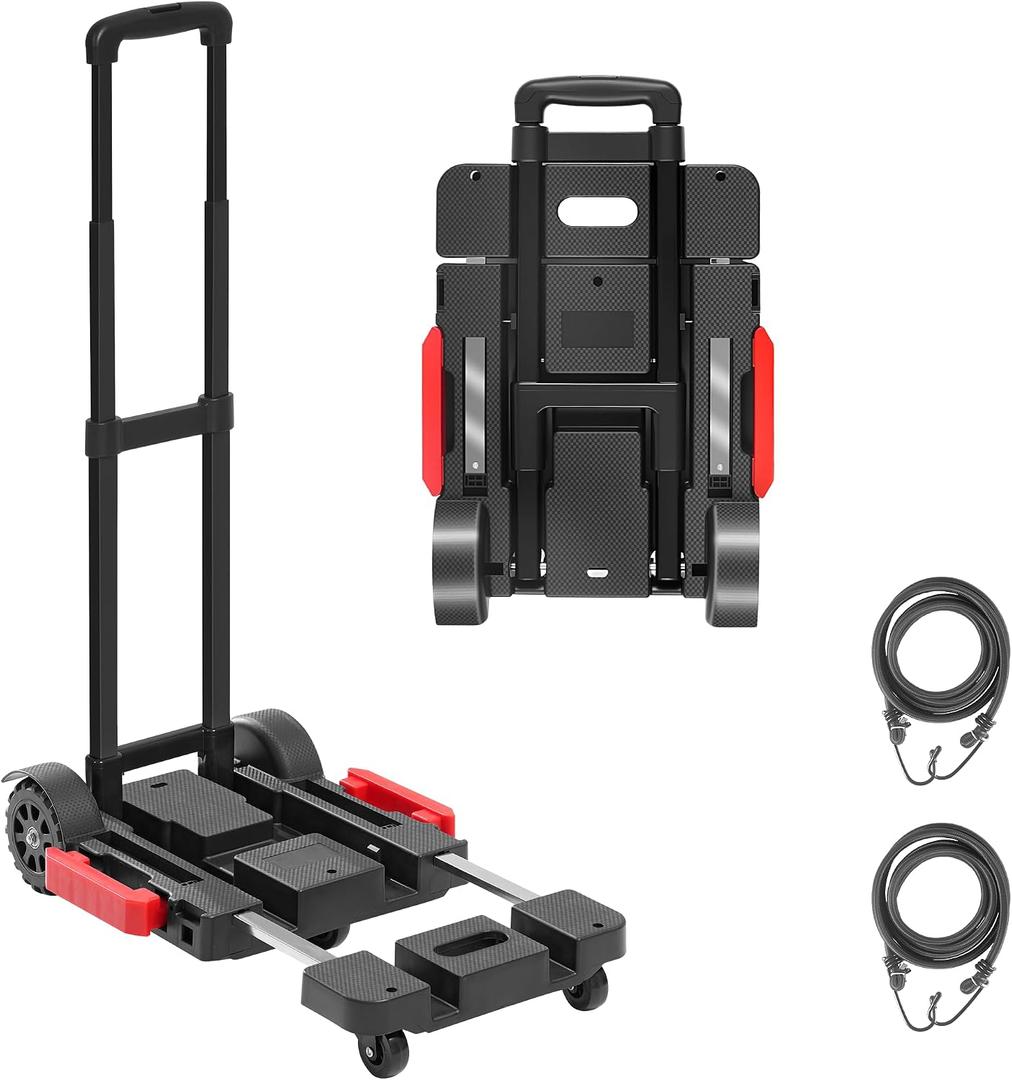 Folding Hand Truck Dolly, 220 lb Portable Utility Cart with Expandable Base, 3 Adjustable Heights, 5-Wheel Collapsible Luggage Cart with 2 Ropes for Moving, Office and Travel