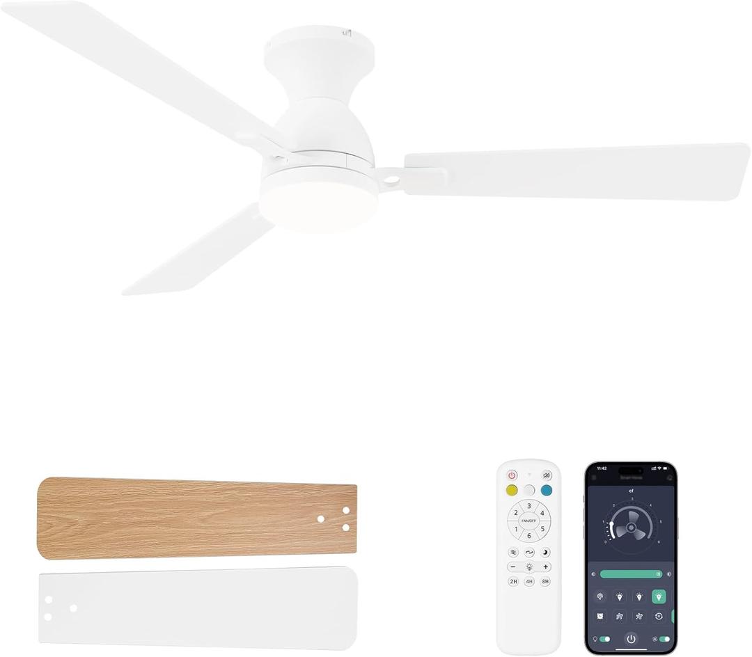 Ceiling Fans with Lights and Remote, 52 Inch Ceiling Fan with Light, Low Profile Reversible Ceiling Fans, Dimmable LED, Flush Mount, Quiet, DC Motor, White Ceiling Fan for Bedroom, Office