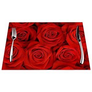 Red Rose Placemats Set of 4, Beautiful Red Rose Placemats Heat Resistant for Dining Table Non-Slip 18x12 Inches