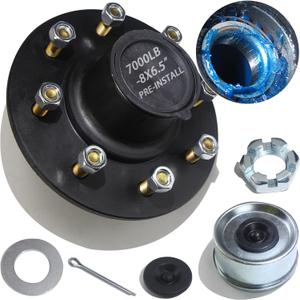 iBroPrat 1 Set Trailer Hub Kit 8 Bolt 6.5", Pre-Lubricated and Installed Trailer Axle Kit for 7000lb 8 Lug Trailer Hub Fits 25580 14125A Brearing with Dust Cap and Rubber Plug