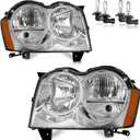 Headlights W/Bulbs for 2005 2006 2007 Jeep Grand Cherokee 4Dr | Halogen Headlamp Assembly Replacement Left & Right Side W/Bulbs, Chrome Housing
