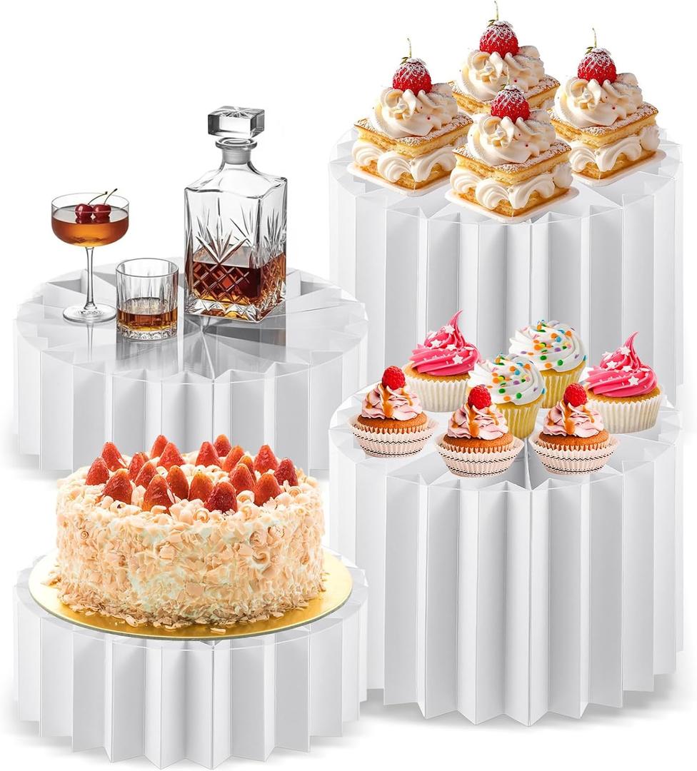 4Pcs Buffet Risers, Food Risers for Buffet Table, Foldable Food Display Riser, White Cardboard Cylinder Cake Cupcake Stands for Show Catering Desserts, Foods, Jewelry