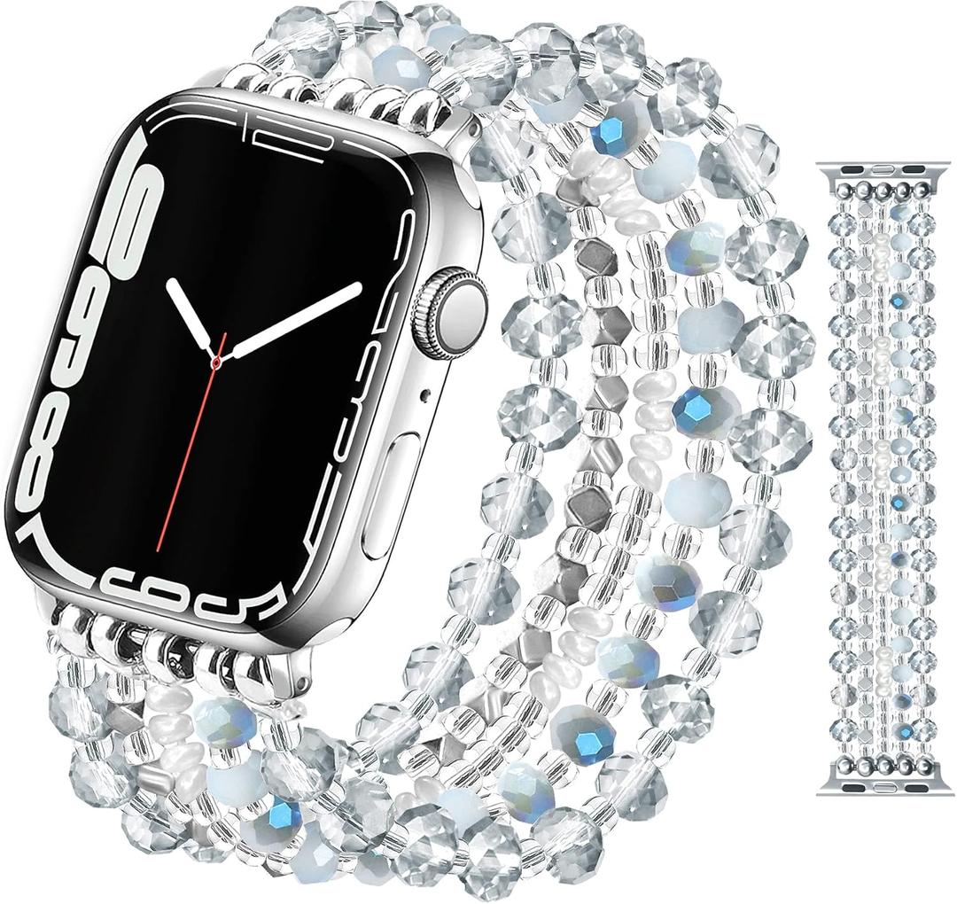 JR.DM Beaded Bracelet Bands for women Compatible with Apple Watch 42mm(S3/2/1) 44mm 45mm 46mm 49mm Fashion Dressy Stretchy Handmade Strap for iWatch Series 11/10/9/8/7/6/5/4/SE 3/2/1 Ultra(Blue/Clear)