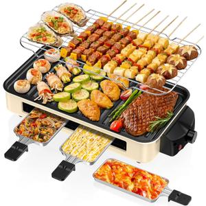 Electric Indoor Grill 1500W -2 in 1 Smokeless Indoor Grill for Kitchen with Non-stick Removable Grill & Griddle Plate, Temperature Control Korean BBQ Grill with 3 Cheese Pans Dishwasher Safe (White)