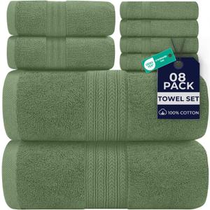 DAN RIVER 8 PC Luxury Bath Towels for Bathroom, 2 Bath, 2 Hand, and 4 Wash Cloths, 600 GSM 100% Ring Spun Cotton Towel Set, Highly Absorbent, Gym, Hotel, and Spa, Sage Green