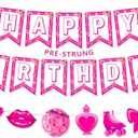Ufocusmi Pre-Strung Pink Birthday Decorations, NO DIY Happy Birthday Banner Let’s Go Party Hot Pink Themed Party Supplies for Girls