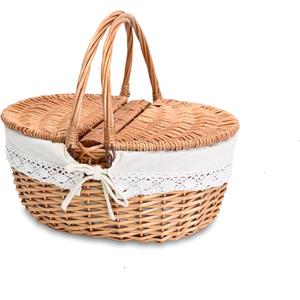 Small Picnic Basket with Removable Liner for 1, Empty Mini Basket for Kids with Lids, Picnic Hamper with Foldable Handles, Natural Color