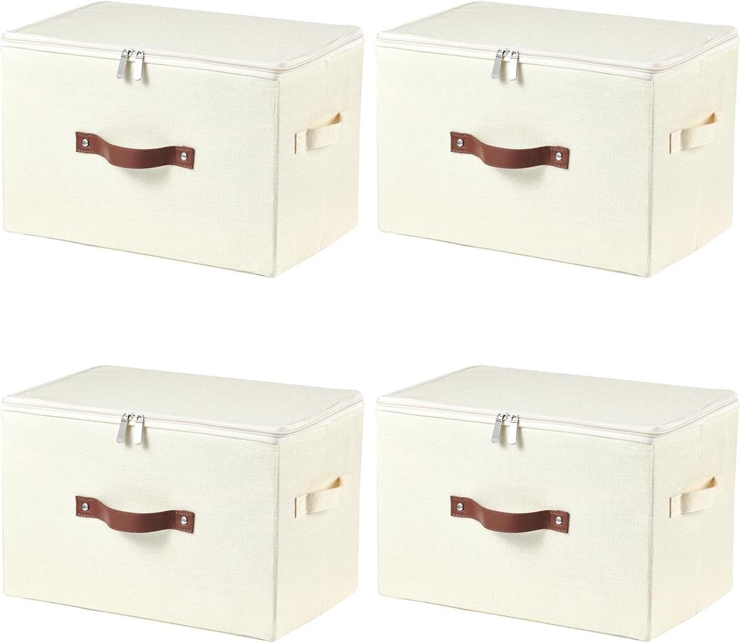 4 Pack Storage Bins with Zipper Lid Cotton Linen Fabric Lidded Storage Baskets Boxes Foldable Washable Closet Shelf Clothes Organizer Container with PU Leather Handles (Beige, Large)
