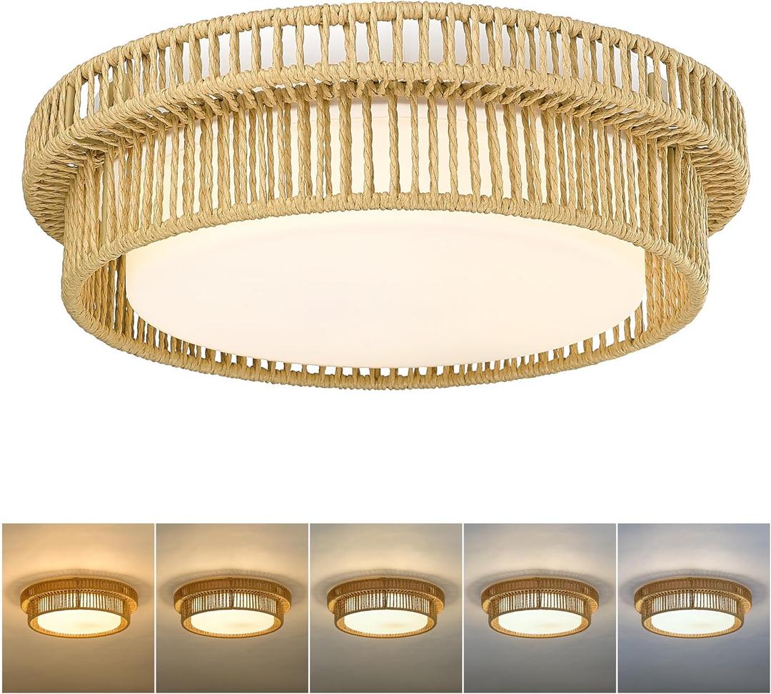 Boho Light Fixtures Ceiling 16W LED, HWH 13'' Woven Rattan Flush Mount Ceiling Light, Handwoven Twine Cage Light Fixtures 3000K, 5HYS78F-LED (Beige)