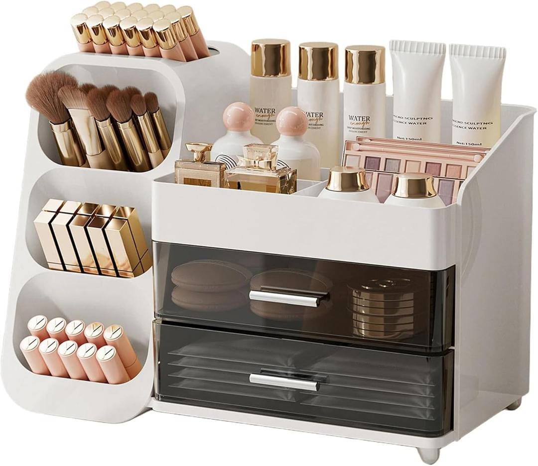 Makeup Organizer for Vanity with Brush Holder, Large Plastic Bathroom Countertop Skincare Organizer with 2 Drawers, Spacious Cosmetic Display Case for Perfumes, Eyeshadow Palettes, Nail Polishes