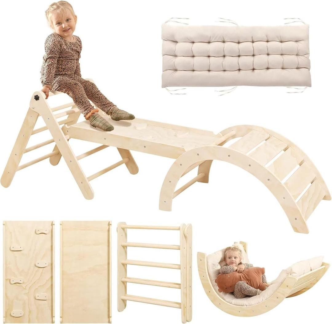 Yopnoyik Pikler Triangle Set with Cushion, 7 in 1 Toddler Climbing Toys Indoor, Montessori Foldable Climbing Set, Wooden Climbing Toys for Toddlers Inside with Ramp, Arch and Ladder (Nature Wood), Medium to Large