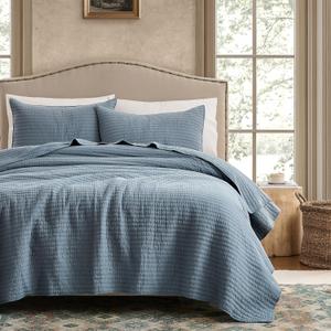 WDCOZY 100% Cotton Queen Size Quilt Set - Blue Striped Pick Stitch Soft Lightweight Bedspread, Textured Like Linen, Farmhouse Country Rustic Coverlet, Shabby Chic Gauze Bedding, Dusty blue