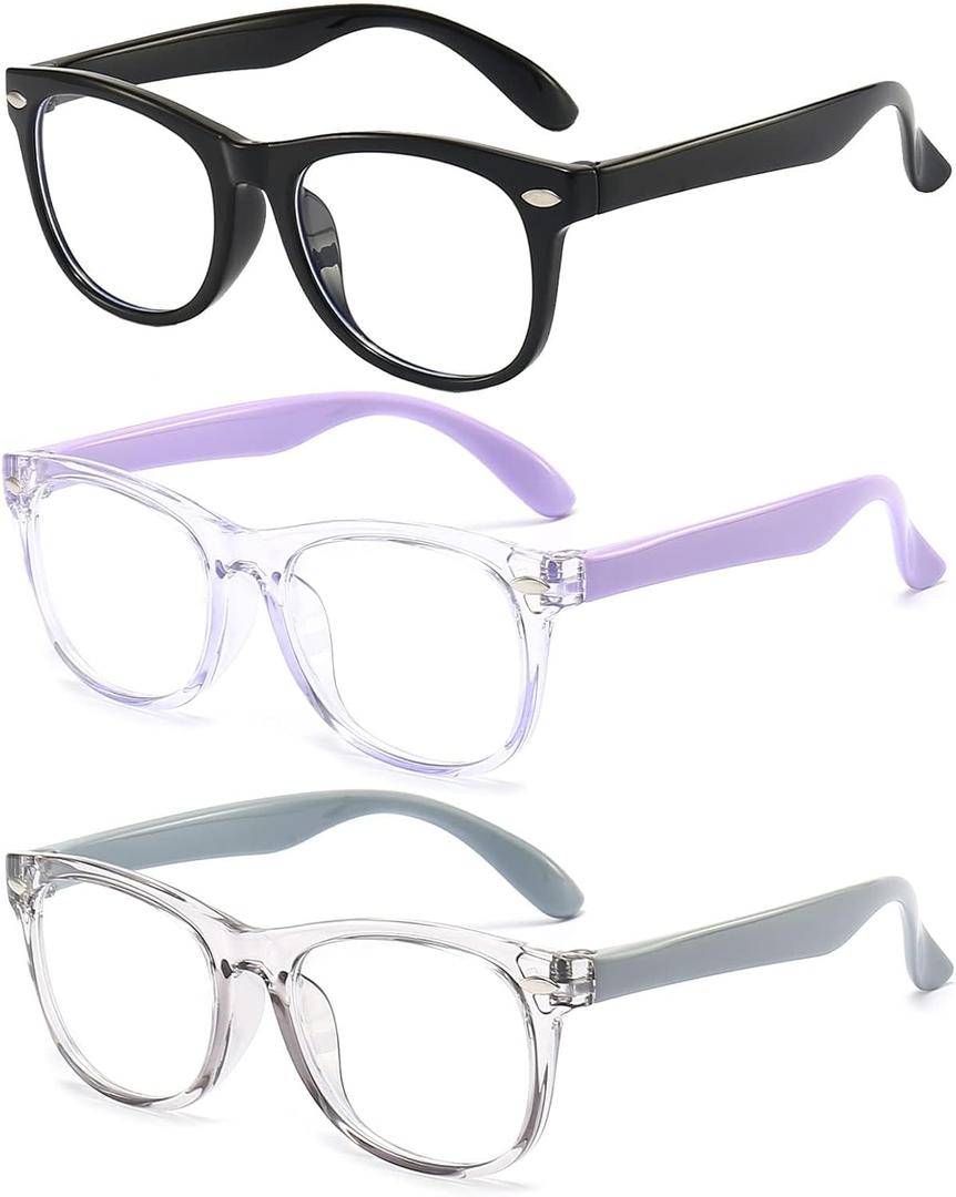 FANNYGO 3 Pack kids Blue Light Blocking Glasses For Girls And Boys Computer Blue Light Blocking Glasses For Age 3-9 (Black + Light purple + Light gray)