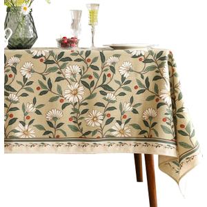 ISAENNE Designer Green Linen Table Cloth Rectangle, Floral French Country Indoor Tablecloth, Stain Resistant Home Decor Tablecloths for Dining Kitchen Thanksgiving Party,55"*79"-Brune