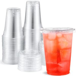 Eupako 10 oz Plastic Cups with Lids 100 Sets, Disposable Clear Cups with Lids, Cold Drink Containers for Beverage, Parfait, Smoothie