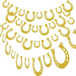 Sumind 4 Pieces Derby Garland Horseshoe Garland Glittered Horseshoe Banner Horse Hoof Birthday Banner for Derby or Western Themed Cowboy Wedding Party Decoration, Pre Assembled(Gold)
