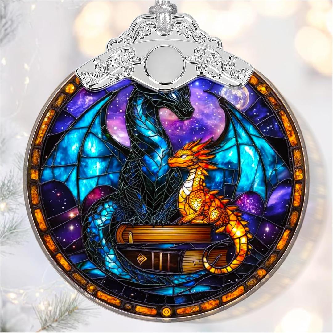 2 x Dragon Christmas Ornaments for Christmas Tree Dragon Stained Glass Ornament Hanging Fantasy Ornaments for Xmas Holiday Home Decor Gift Exchanges Idea(dragon1)