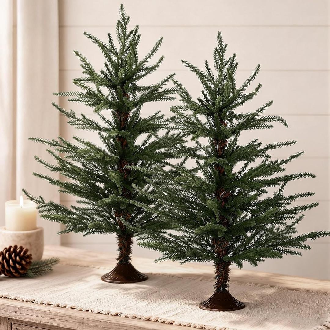 2 Pack 2 ft Tabletop Norfolk Pine Christmas Trees with Vintage Base