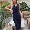 Women's 2 Piece Outfits Linen Vest Waistcoat Dressy Casual Sets Wide Leg Pants Suits (Blue, S)